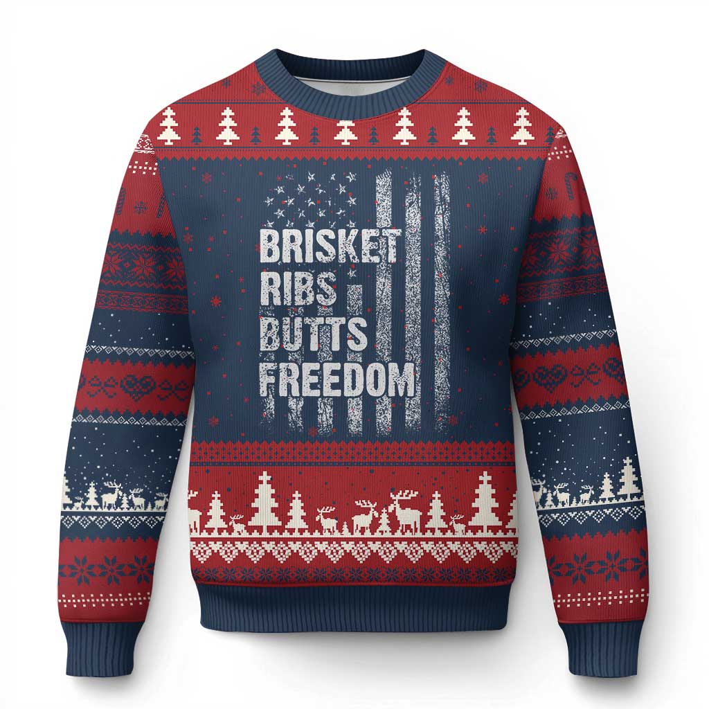 Funny BBQ Brisket Ribs Butts Freedom Ugly Christmas Sweater 4th Of July Meat Smoking American Flag TS11 Navy Red Print Your Wear