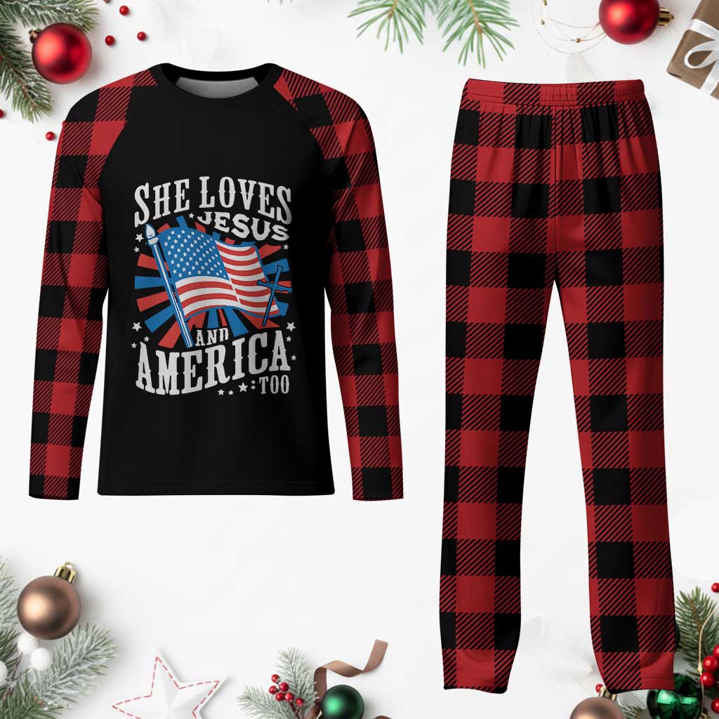 Funny She Loves Jesus And America Too Plaid Pajama Set 4th Of July Patriotic Christian American Flag - Print Your Wear