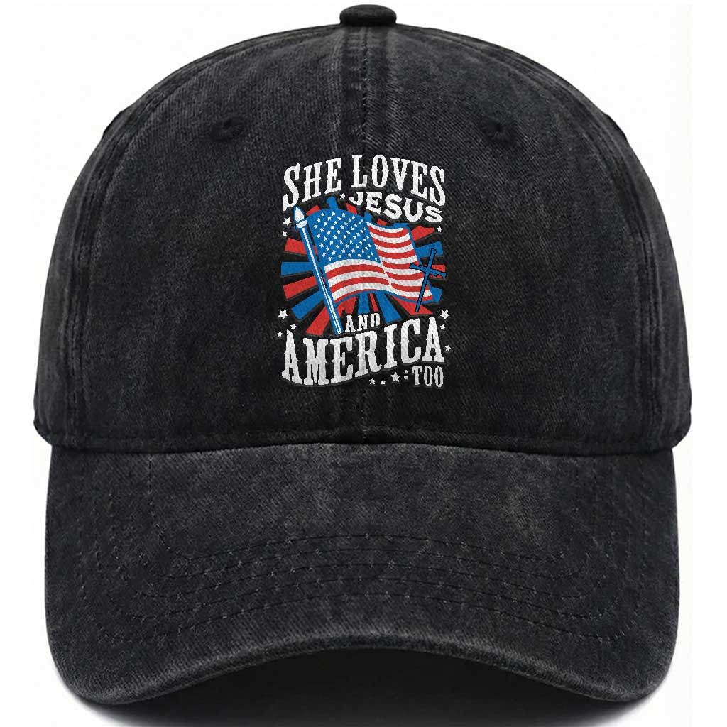Funny She Loves Jesus And America Too Washed Cotton Baseball Cap 4th Of July Patriotic Christian American Flag TS11 Washed Cap Universal Fit Black Print Your Wear