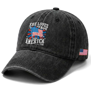 Funny She Loves Jesus And America Too Washed Cotton Baseball Cap 4th Of July Patriotic Christian American Flag TS11 Print Your Wear