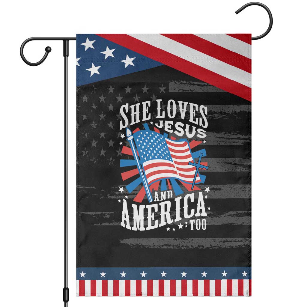 Funny She Loves Jesus And America Too Garden Flag 4th Of July Patriotic Christian American Flag TS11 Distressed Black Blue Print Your Wear
