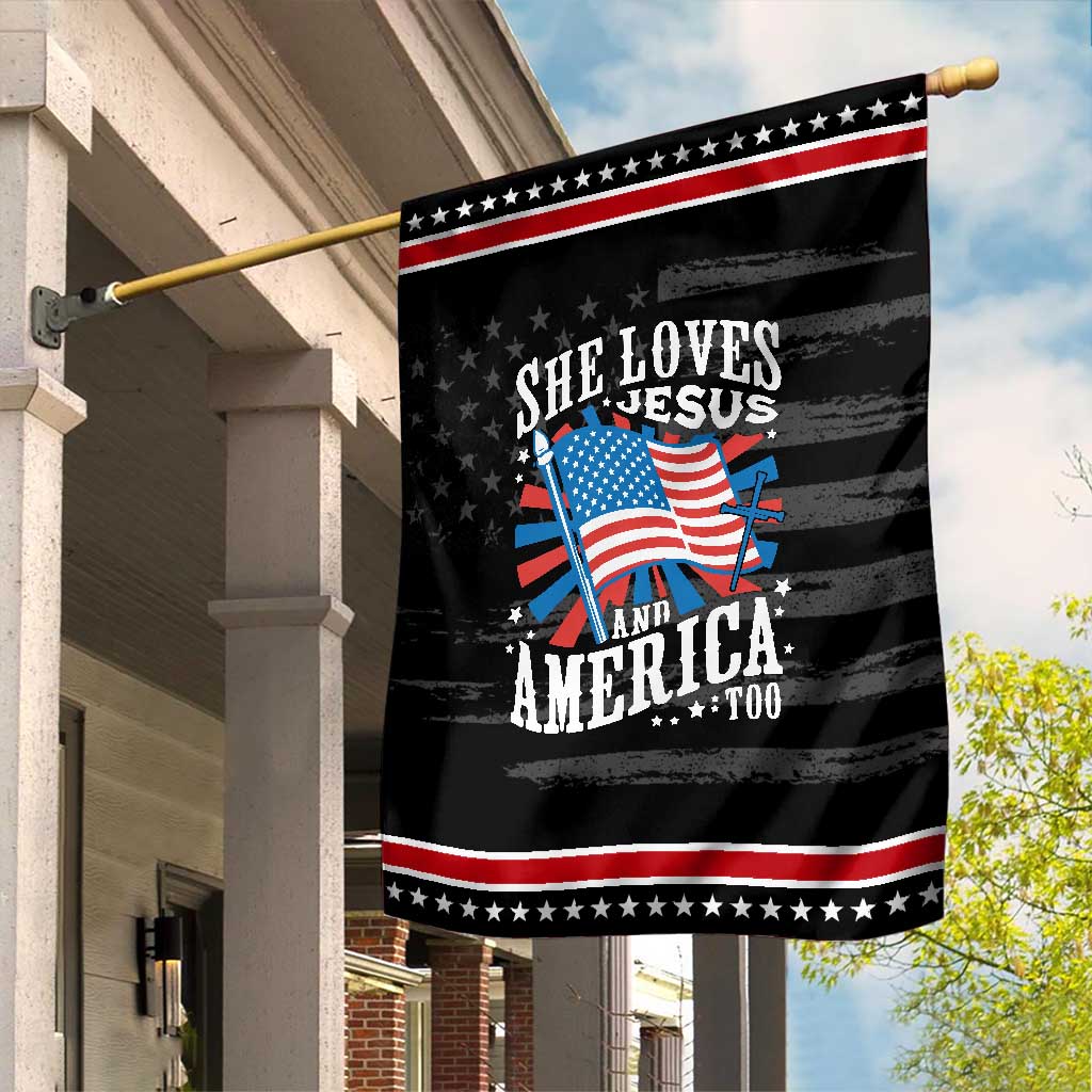 Funny She Loves Jesus And America Too Garden Flag 4th Of July Patriotic Christian American Flag TS11 Distressed Black Red Print Your Wear