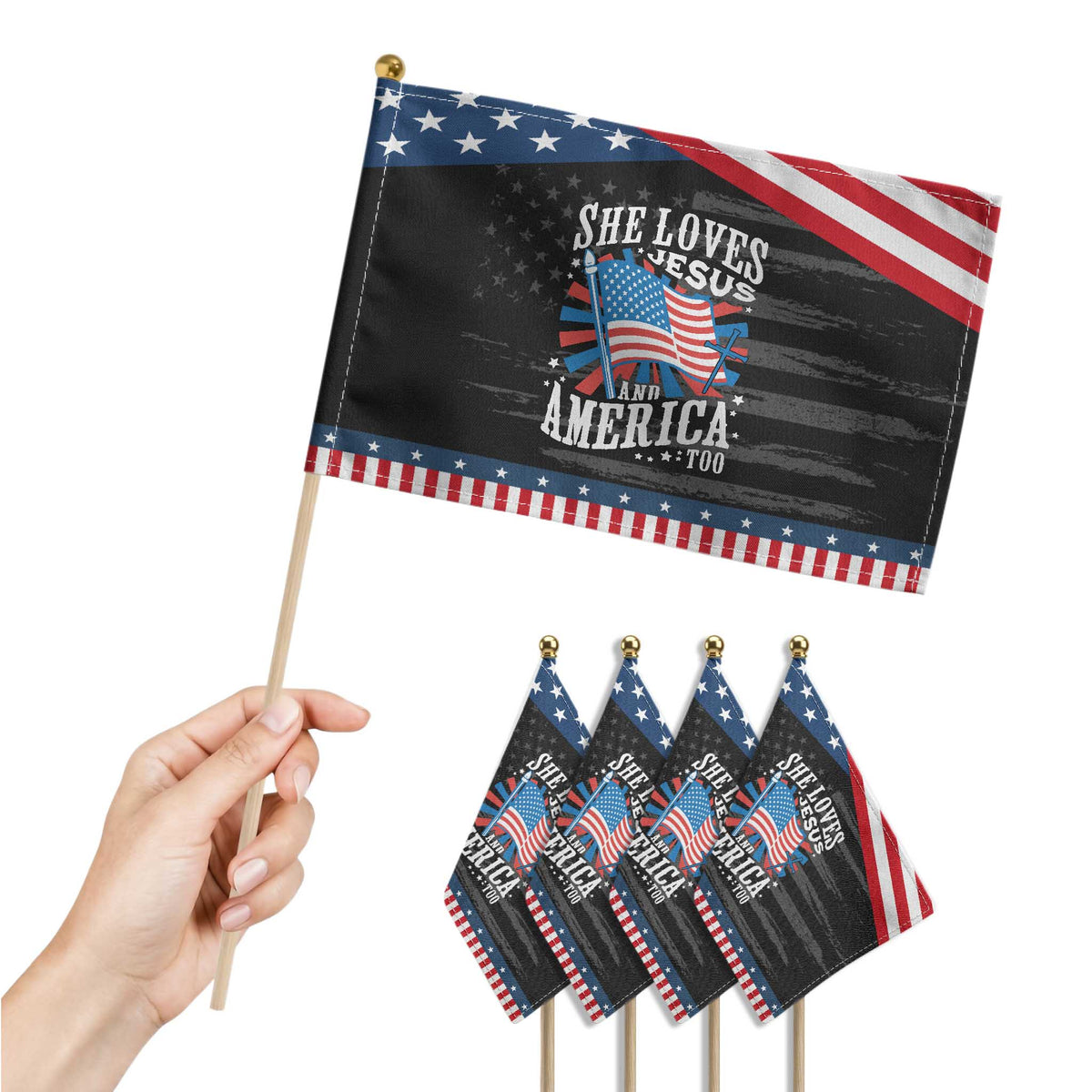 Funny She Loves Jesus And America Too Patriotic Handheld Flag 4th Of July Patriotic Christian American Flag TS11 Print Your Wear