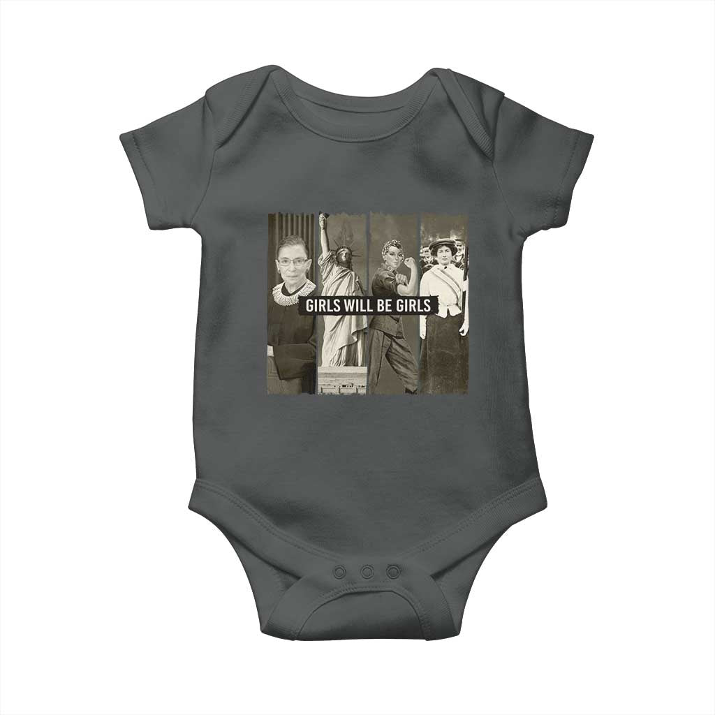 Girls Will Be Girls Baby Onesie Feminist Empowerment Historical Icons TS11 Dark Heather Print Your Wear