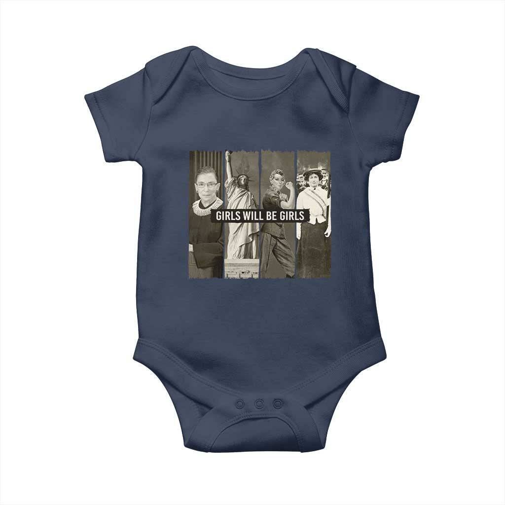 Girls Will Be Girls Baby Onesie Feminist Empowerment Historical Icons TS11 Navy Print Your Wear