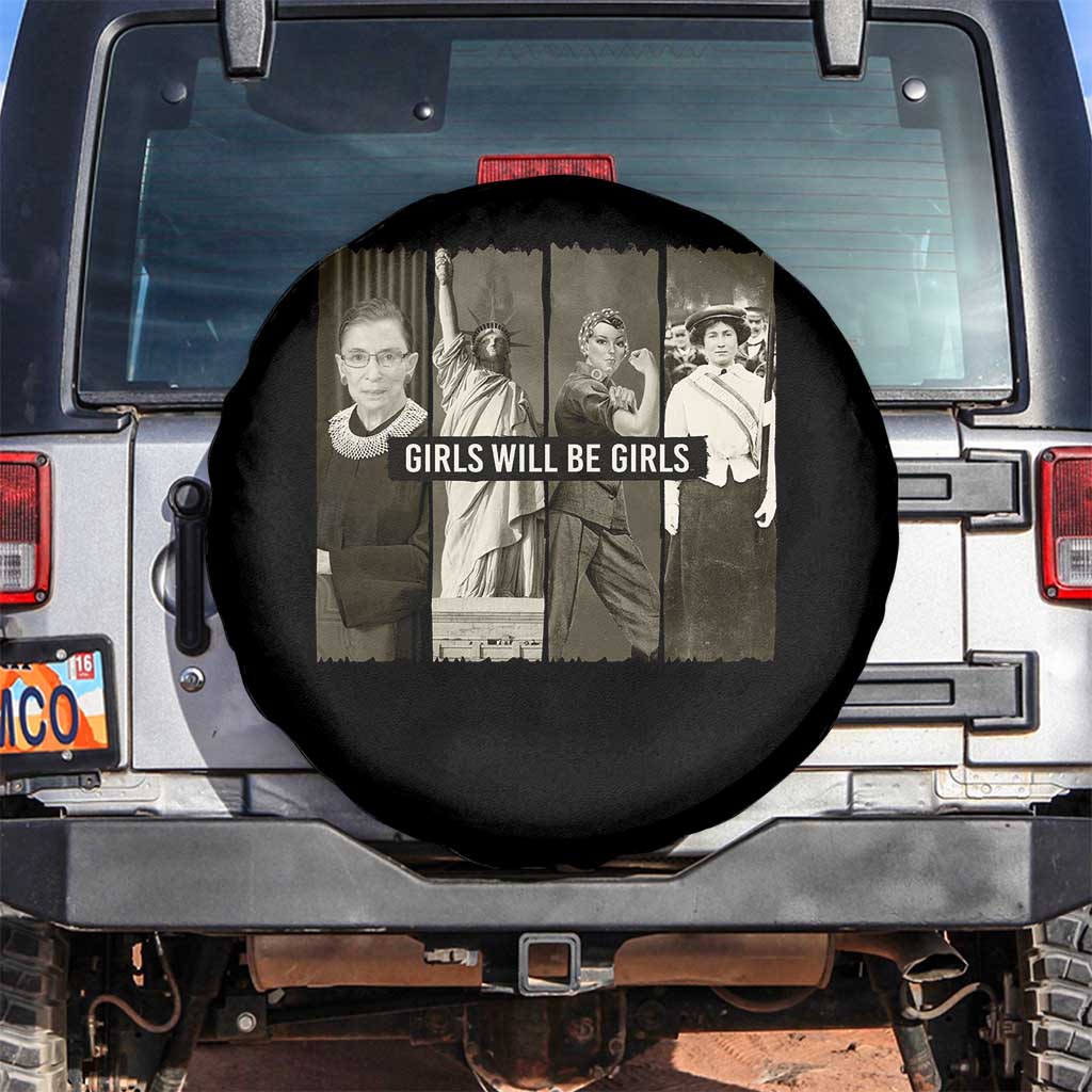 Girls Will Be Girls Spare Tire Cover Feminist Empowerment Historical Icons TS11 No hole Black Print Your Wear