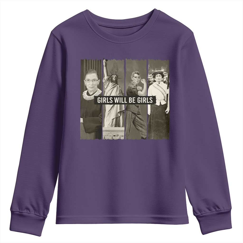Girls Will Be Girls Youth Sweatshirt Feminist Empowerment Historical Icons TS11 Purple Print Your Wear