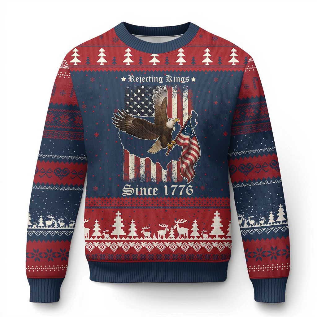 Funny Rejecting Kings Since 1776 Ugly Christmas Sweater Vintage American Flag Bald Eagle TS11 Navy Red Print Your Wear