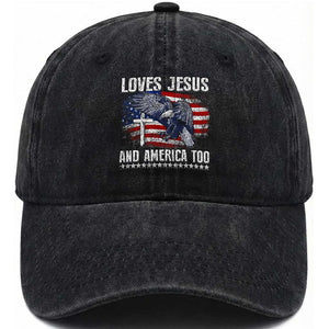 Funny Loves Jesus And America Too Washed Cotton Baseball Cap 4th Of July Patriotic Christian Eagle American Flag TS11 Washed Cap Universal Fit Black Print Your Wear