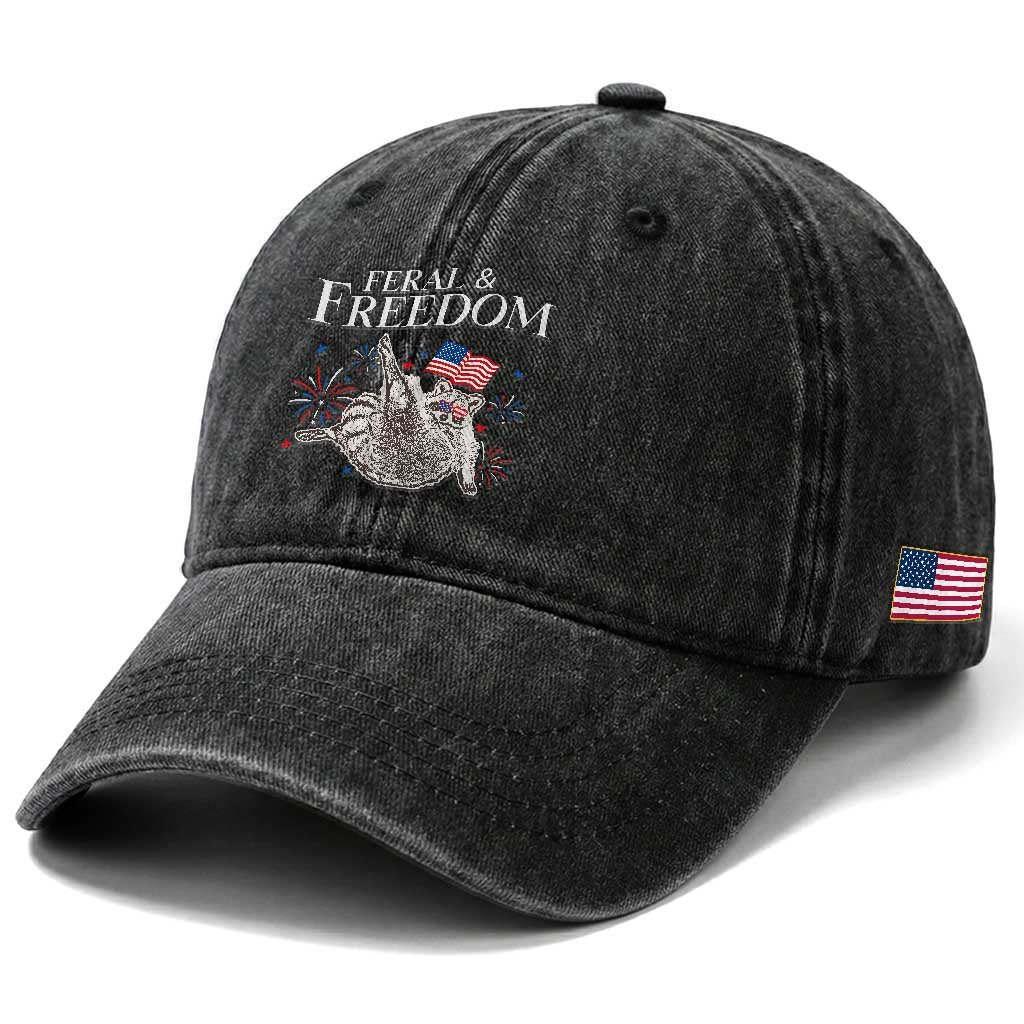 Funny Feral And Free Washed Cotton Baseball Cap 4th of July Patriotic Raccoon With American Flag TS11 Print Your Wear