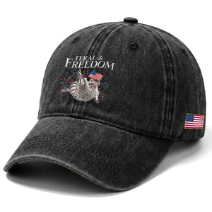Funny Feral And Free Washed Cotton Baseball Cap 4th of July Patriotic Raccoon With American Flag TS11 Print Your Wear