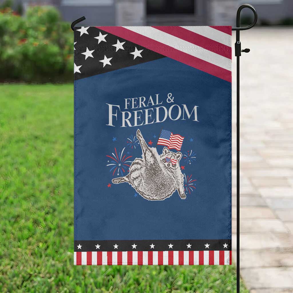 Funny Feral And Free Garden Flag 4th of July Patriotic Raccoon With American Flag TS11 Classic Blue Black Print Your Wear