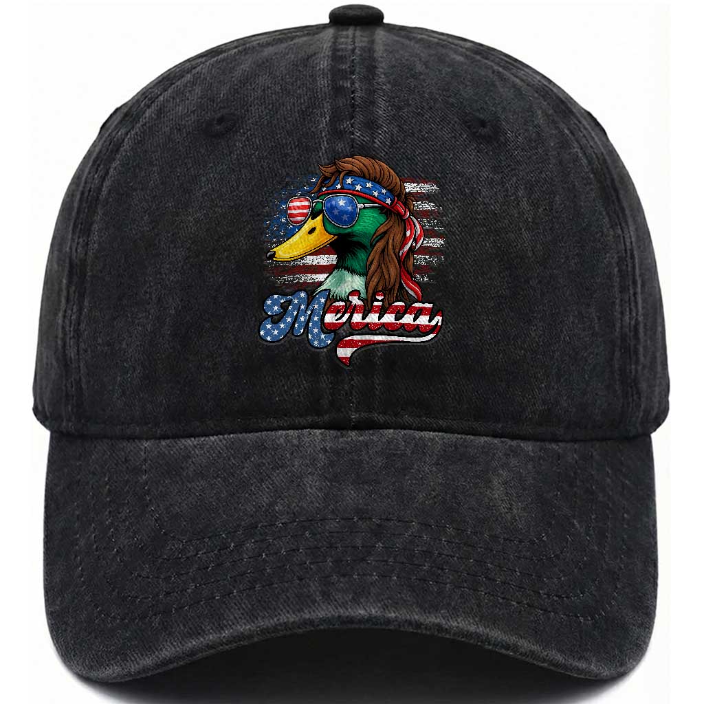 Funny Duck Merica Washed Cotton Baseball Cap 4th Of July American Flag Patriotic Hunting TS11 Washed Cap Universal Fit Black Print Your Wear