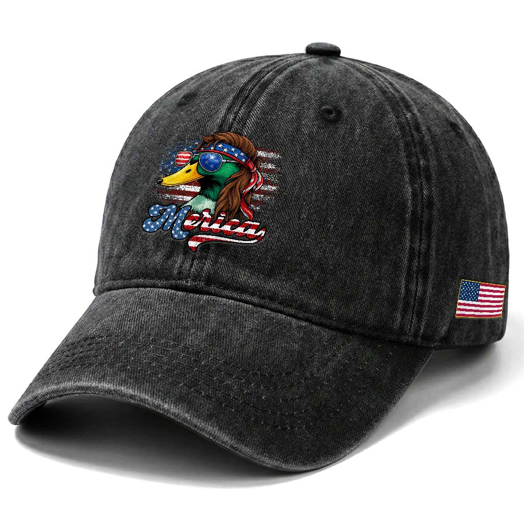 Funny Duck Merica Washed Cotton Baseball Cap 4th Of July American Flag Patriotic Hunting TS11 Print Your Wear
