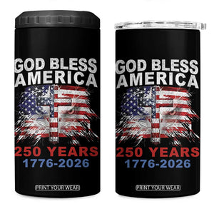 God Bless America 250 Years 1776 2026 4 in 1 Can Cooler Tumbler Christian Cross Eagle American Flag