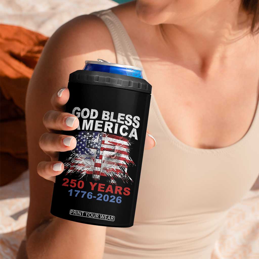 God Bless America 250 Years 1776 2026 4 in 1 Can Cooler Tumbler Christian Cross Eagle American Flag