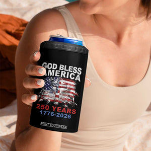 God Bless America 250 Years 1776 2026 4 in 1 Can Cooler Tumbler Christian Cross Eagle American Flag