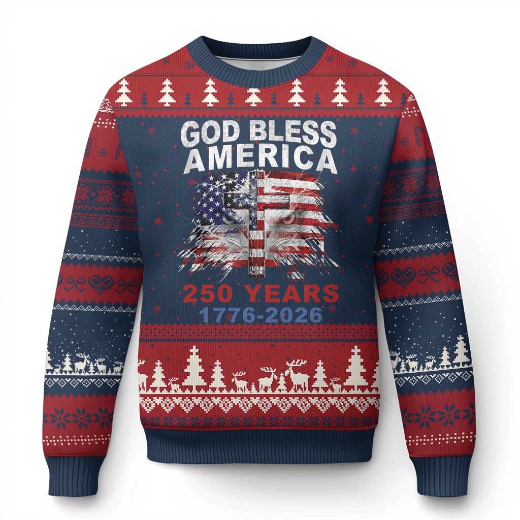God Bless America 250 Years 1776 2026 Ugly Christmas Sweater Christian Cross Eagle American Flag