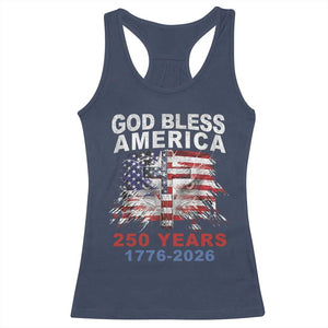 God Bless America 250 Years 1776 2026 Racerback Tank Top Christian Cross Eagle American Flag