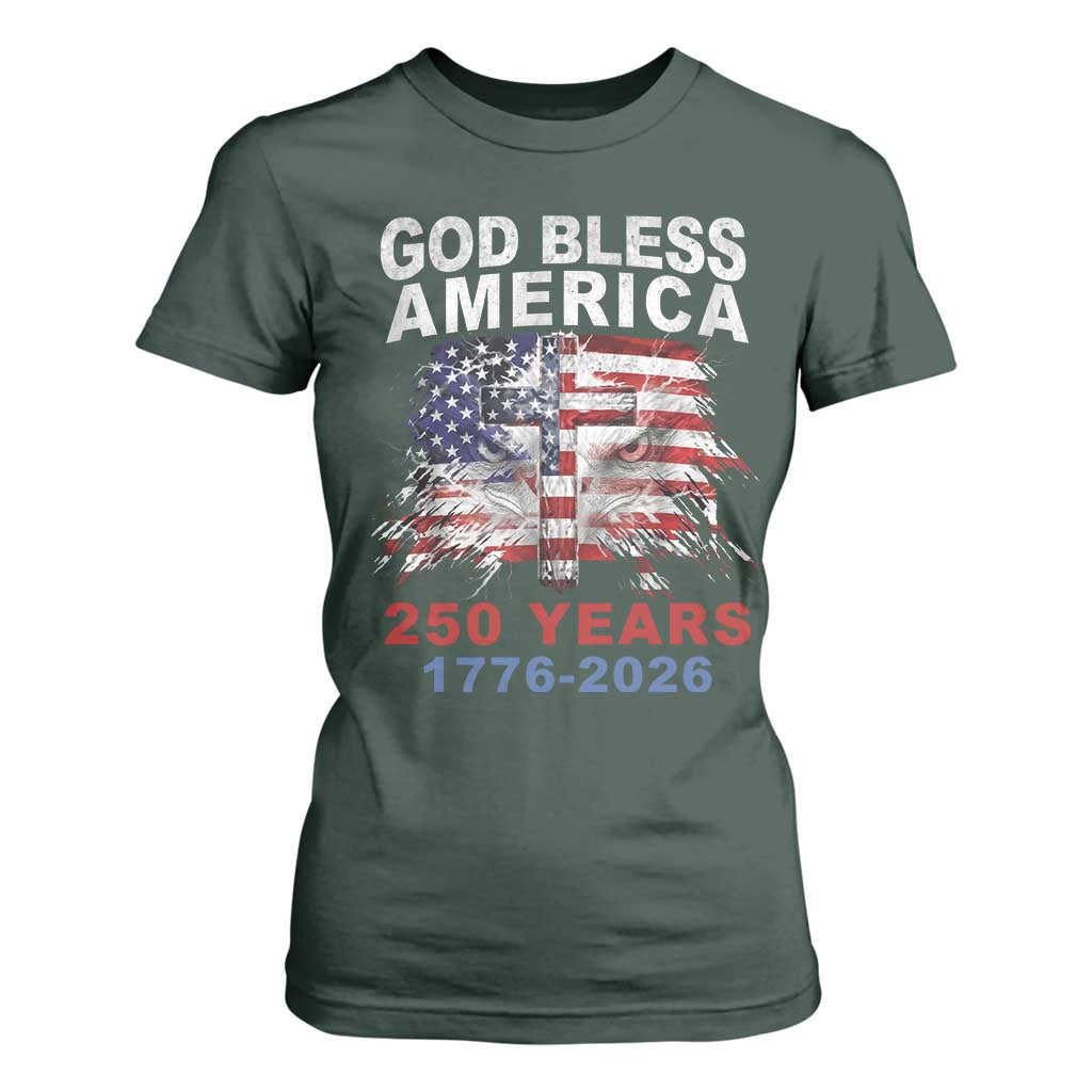 God Bless America 250 Years 1776 2026 T Shirt For Women Christian Cross Eagle American Flag