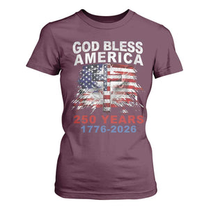 God Bless America 250 Years 1776 2026 T Shirt For Women Christian Cross Eagle American Flag