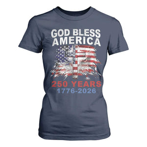 God Bless America 250 Years 1776 2026 T Shirt For Women Christian Cross Eagle American Flag
