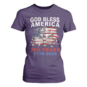 God Bless America 250 Years 1776 2026 T Shirt For Women Christian Cross Eagle American Flag