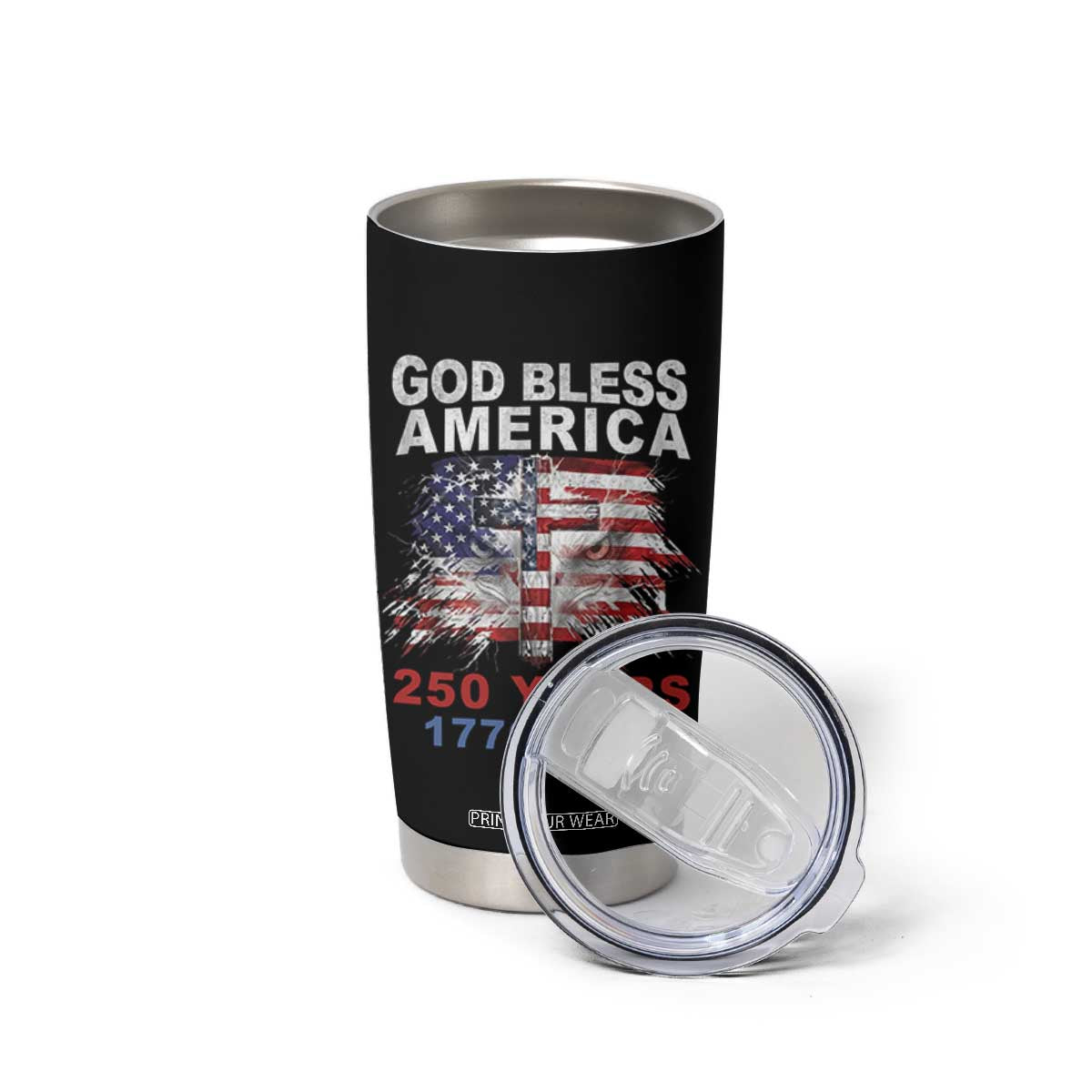 God Bless America 250 Years 1776 2026 Tumbler Cup Christian Cross Eagle American Flag