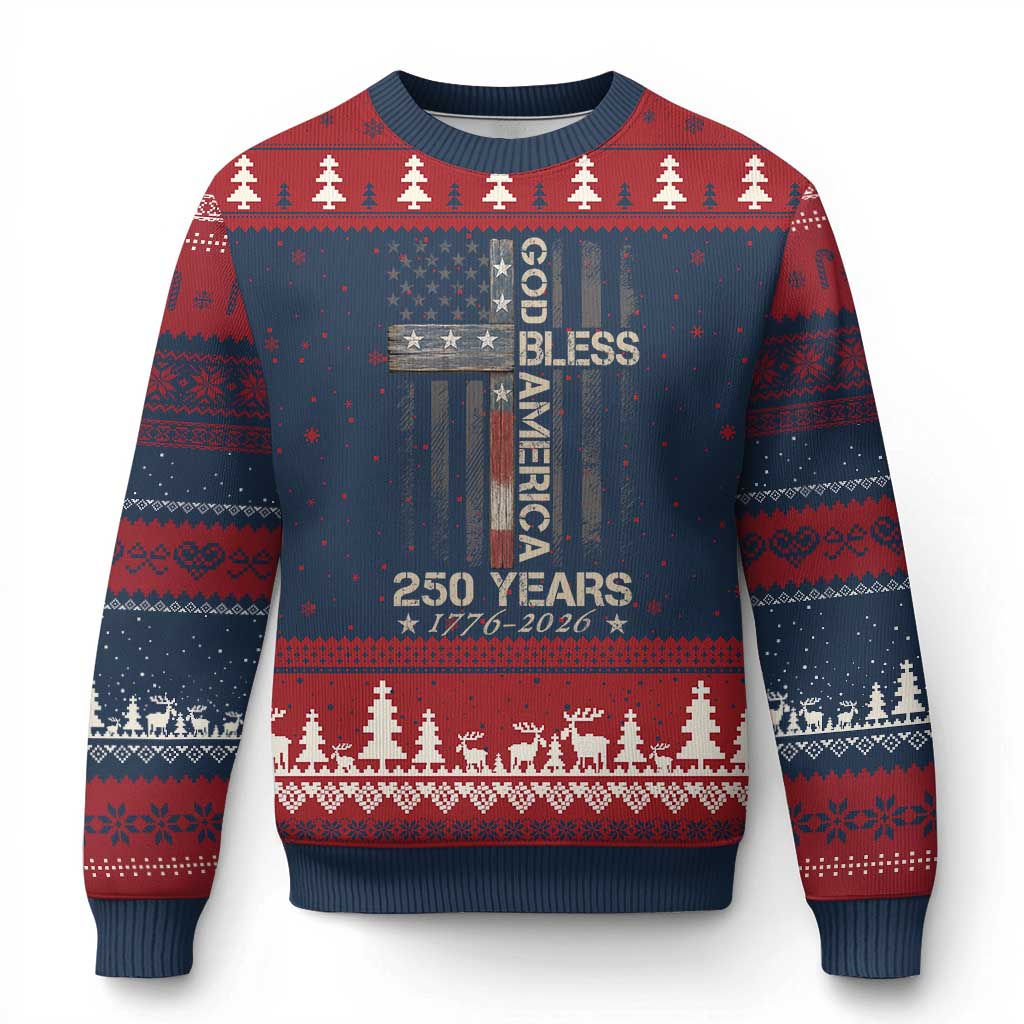God Bless America 250 Years 1776 2026 Ugly Christmas Sweater Christian Cross American Flag