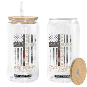 God Bless America 250 Years 1776 2026 Glass Can Christian Cross American Flag