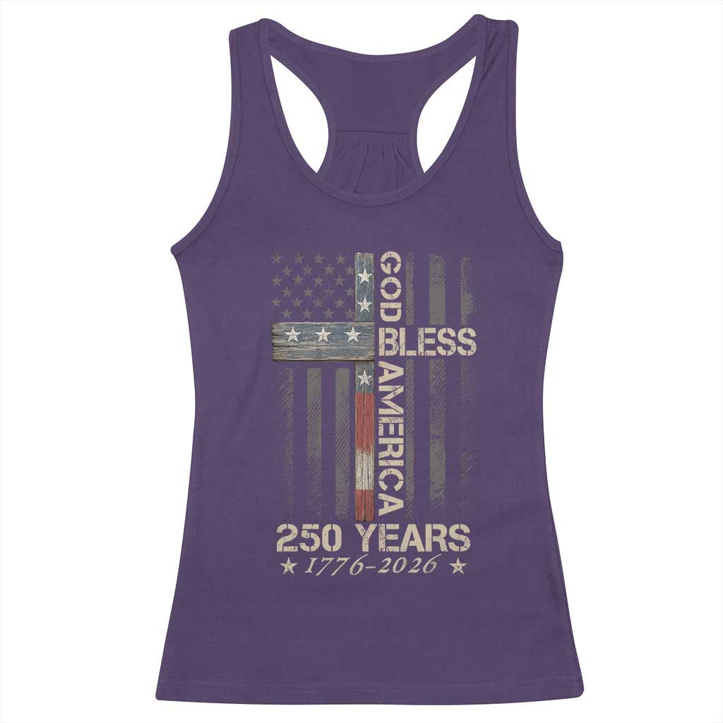 God Bless America 250 Years 1776 2026 Racerback Tank Top Christian Cross American Flag