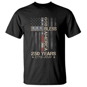 God Bless America 250 Years 1776 2026 T Shirt Christian Cross American Flag