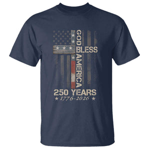 God Bless America 250 Years 1776 2026 T Shirt Christian Cross American Flag