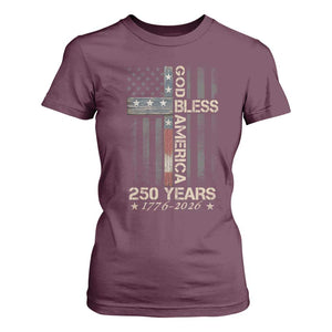 God Bless America 250 Years 1776 2026 T Shirt For Women Christian Cross American Flag