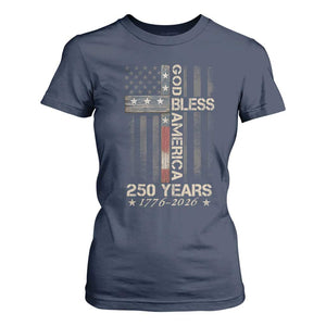 God Bless America 250 Years 1776 2026 T Shirt For Women Christian Cross American Flag