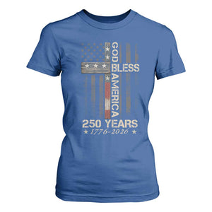 God Bless America 250 Years 1776 2026 T Shirt For Women Christian Cross American Flag