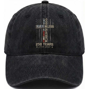 God Bless America 250 Years 1776 2026 Washed Cotton Baseball Cap Christian Cross American Flag