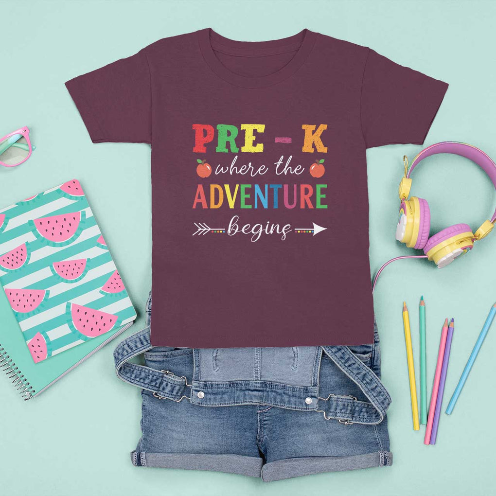 Back To School T Shirt For Kid Pre-K Where The Adventure Begins Apple Arrow TS11 Maroon Print Your Wear