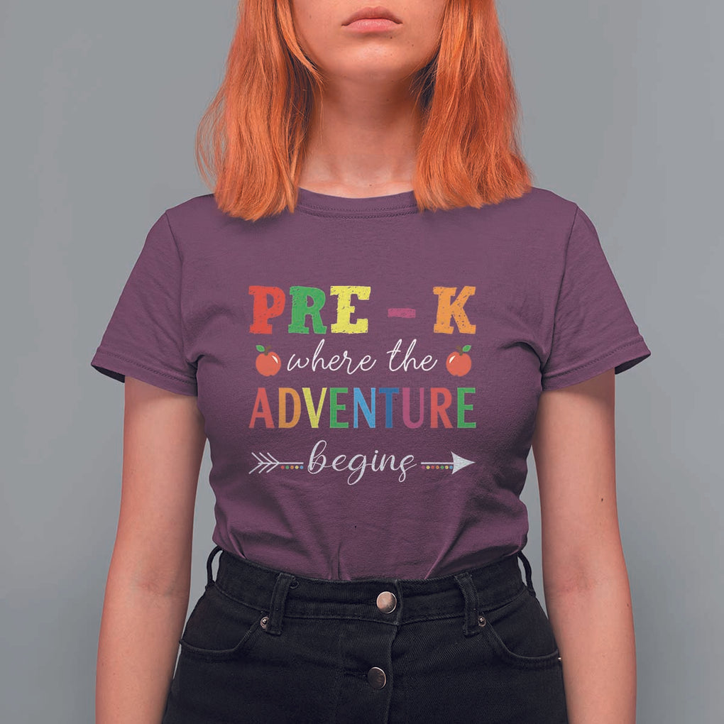Back To School T Shirt For Women Pre-K Where The Adventure Begins Apple Arrow TS11 Maroon Print Your Wear