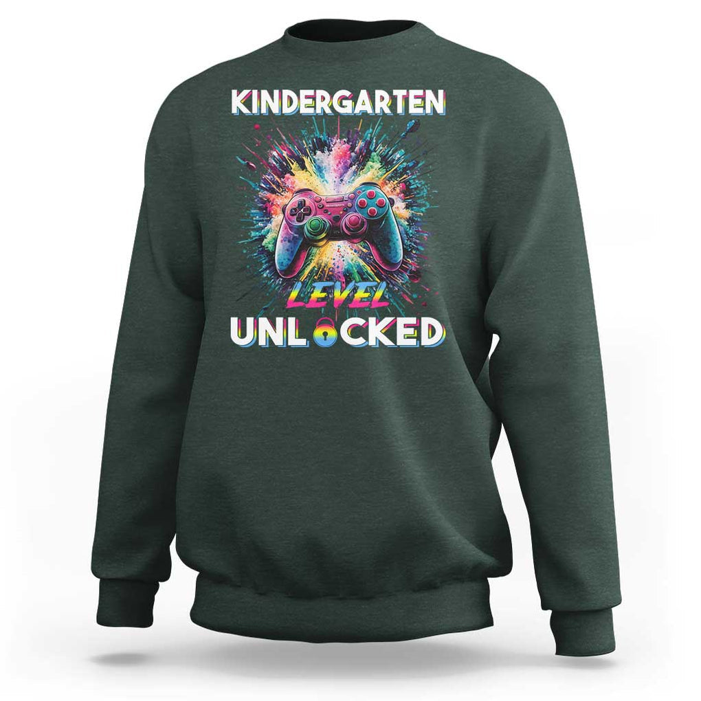 Kindergarten Level Unlocked Sweatshirt Back To School Game Console TS11 Dark Forest Green Print Your Wear