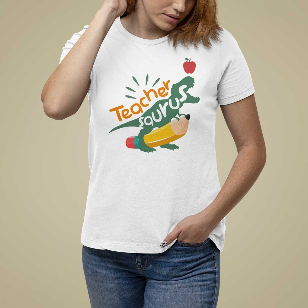 Teacher Saurus T Shirt For Women Back To School Dinosaur Pencil TS11 White Print Your Wear