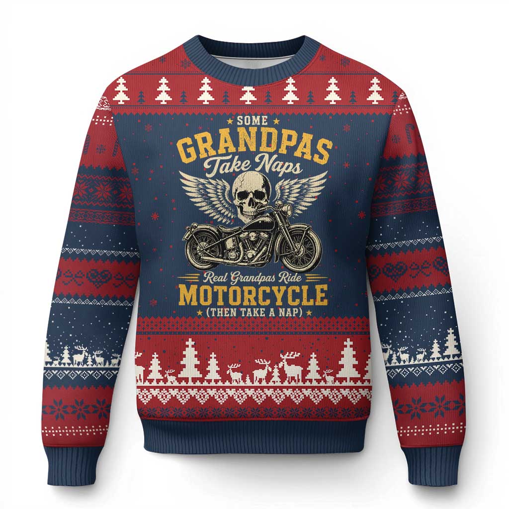 Some Grandpas Take Naps Real Grandpas Ride Motorcycle Then Take Nap Ugly Christmas Sweater Funny Grandpa Biker TS11 Navy Red Print Your Wear