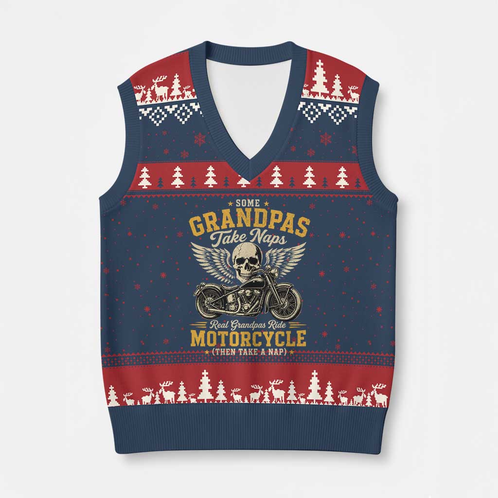 Some Grandpas Take Naps Real Grandpas Ride Motorcycle Then Take Nap V-Neck Knit Sweater Vest Funny Grandpa Biker TS11 Navy Red Print Your Wear