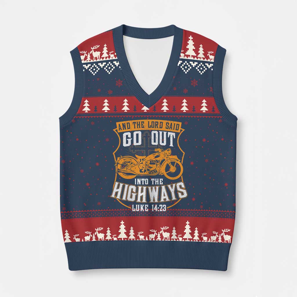 Christian Biker V-Neck Knit Sweater Vest And The Lord Said Go Out Into The Highways Luke 14 23