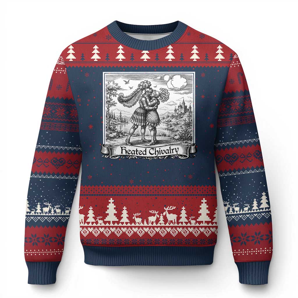Heated Chivalry Medieval Knights Kissing LGBT Pride Ugly Christmas Sweater TS11 Navy Red Print Your Wear