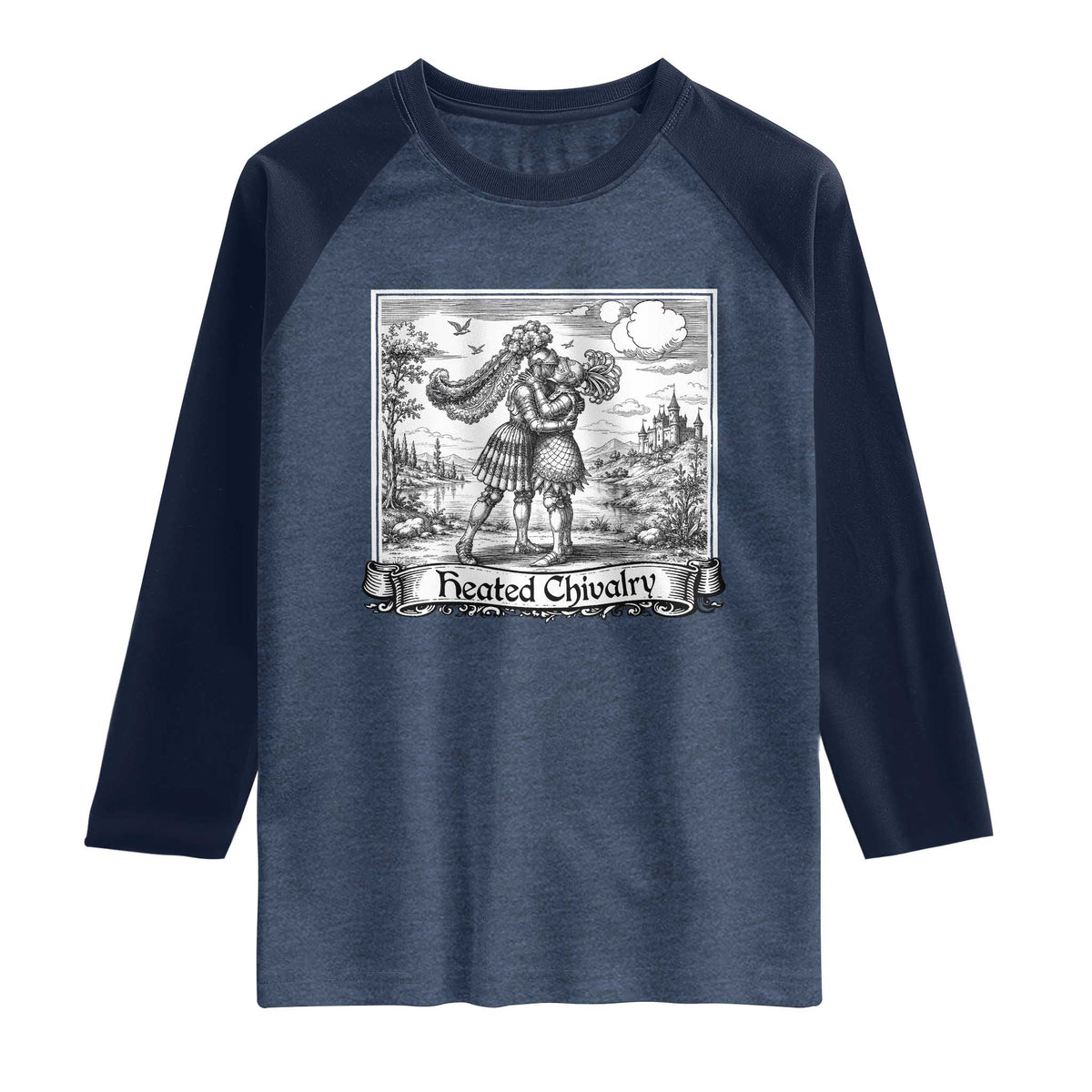 Heated Chivalry Medieval Knights Kissing LGBT Pride Raglan Shirt TS11 Heather Denim Navy Print Your Wear