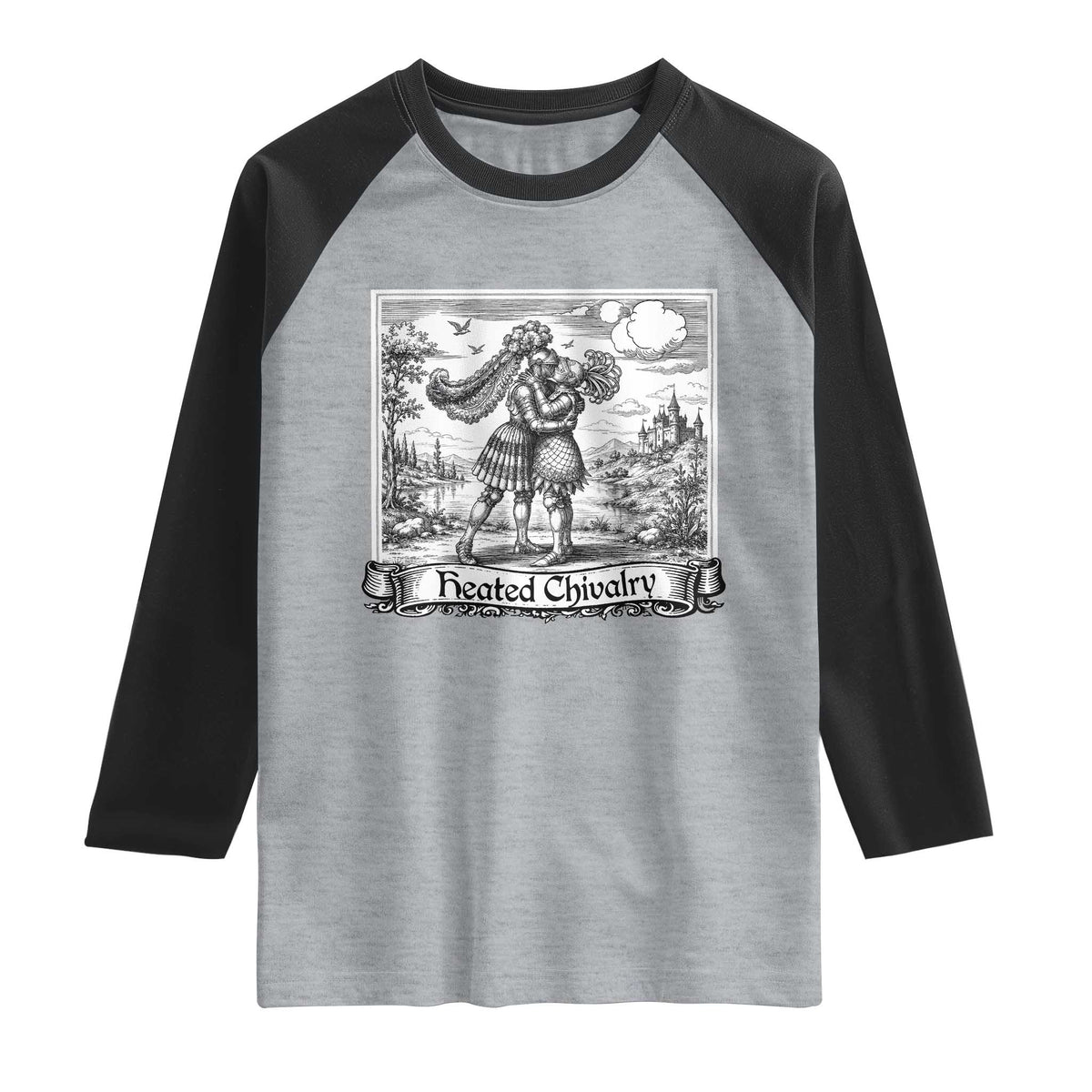 Heated Chivalry Medieval Knights Kissing LGBT Pride Raglan Shirt TS11 Heather Gray Black Print Your Wear