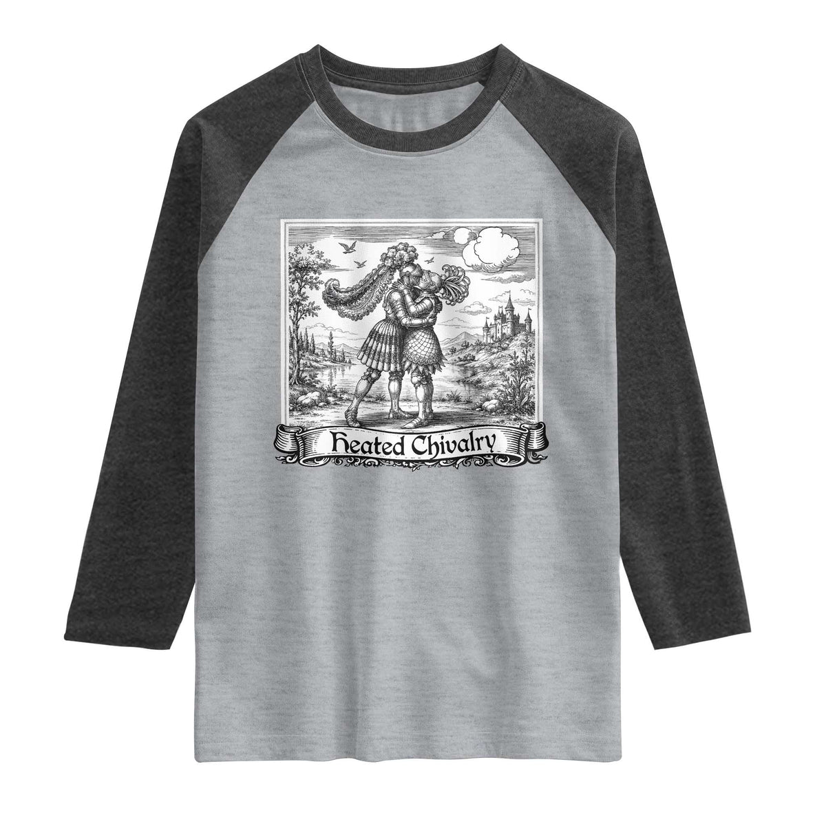 Heated Chivalry Medieval Knights Kissing LGBT Pride Raglan Shirt TS11 Heather Gray Heather Charcoal Print Your Wear