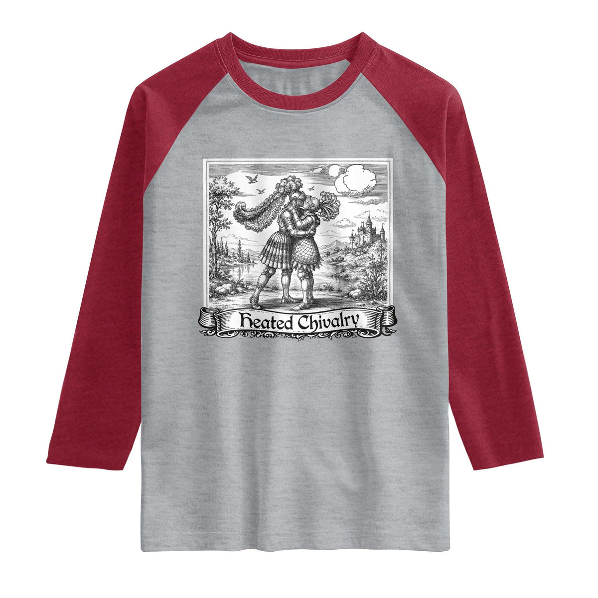 Heated Chivalry Medieval Knights Kissing LGBT Pride Raglan Shirt TS11 Heather Gray Heather Red Print Your Wear