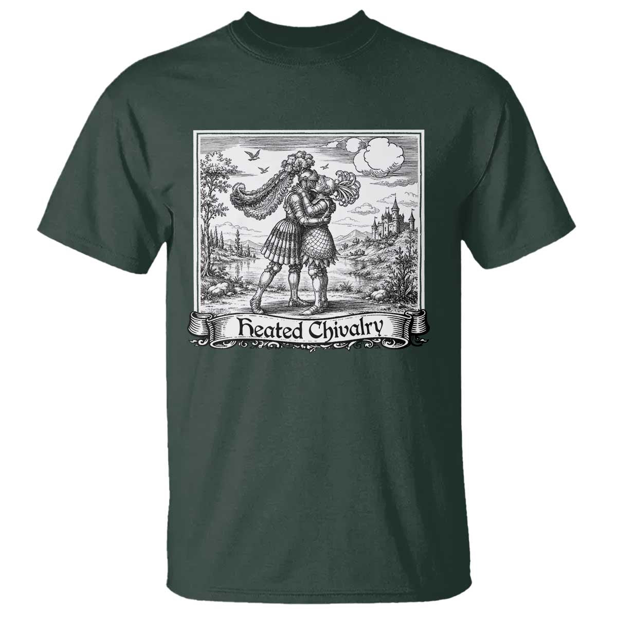 Heated Chivalry Medieval Knights Kissing LGBT Pride T Shirt TS11 Dark Forest Green Print Your Wear